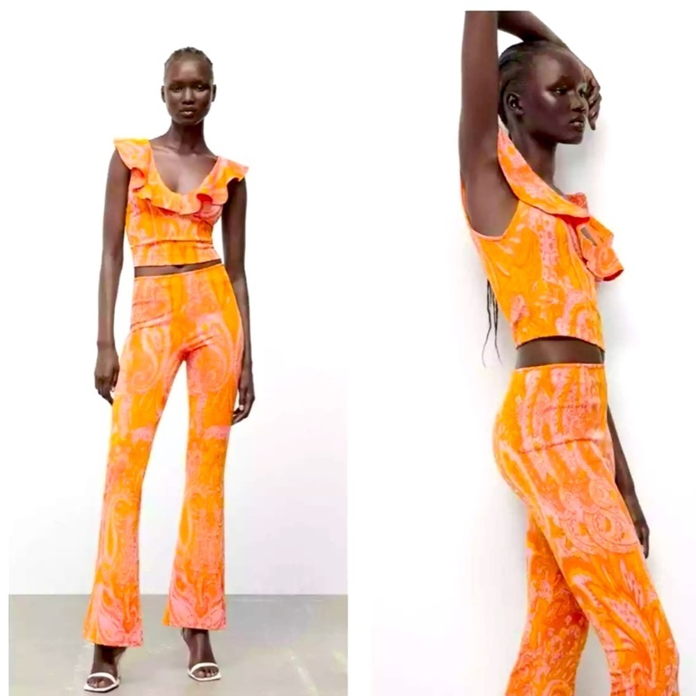 Zara Orange Pink Paisley Ruffle Crop Top